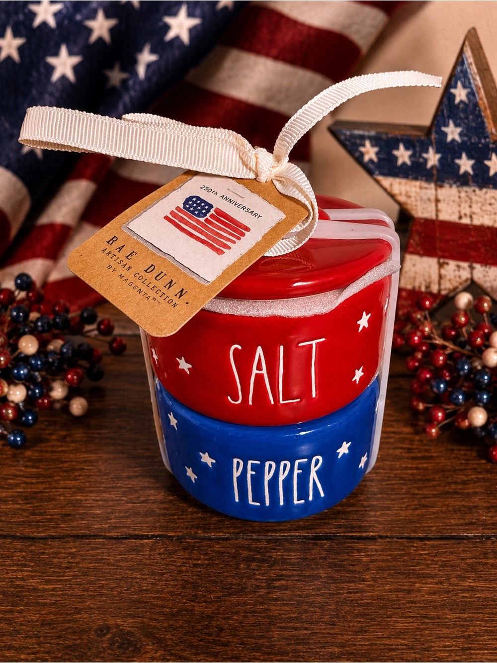 Rae Dunn Red & Blue Stackable Salt and Pepper Set